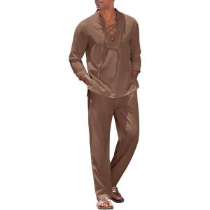 imageCOOFANDY Mens 2 Piece Linen Set Long Sleeve Henley Shirts Casual Beach Pants With Pockets Summer Yoga OutfitsBrown