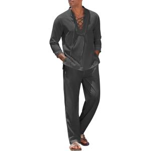 imageCOOFANDY Mens 2 Piece Linen Set Long Sleeve Henley Shirts Casual Beach Pants With Pockets Summer Yoga OutfitsDark Grey