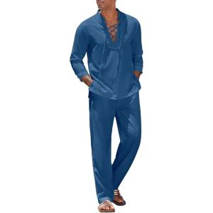 imageCOOFANDY Mens 2 Piece Linen Set Long Sleeve Henley Shirts Casual Beach Pants With Pockets Summer Yoga OutfitsDenim Blue