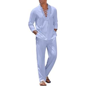 imageCOOFANDY Mens 2 Piece Linen Set Long Sleeve Henley Shirts Casual Beach Pants With Pockets Summer Yoga OutfitsLight Blue