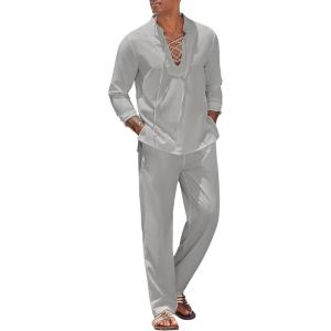 imageCOOFANDY Mens 2 Piece Linen Set Long Sleeve Henley Shirts Casual Beach Pants With Pockets Summer Yoga OutfitsLight Grey