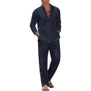 imageCOOFANDY Mens 2 Piece Linen Set Long Sleeve Henley Shirts Casual Beach Pants With Pockets Summer Yoga OutfitsNavy Blue