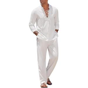 imageCOOFANDY Mens 2 Piece Linen Set Long Sleeve Henley Shirts Casual Beach Pants With Pockets Summer Yoga OutfitsWhite