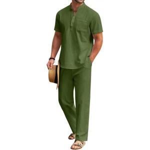 imageCOOFANDY Mens 2 Pieces Cotton Linen Set Casual Short Sleeve Henley Shirts Beach Yoga Pants Summer OutfitsArmy Green