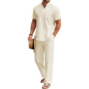 imageCOOFANDY Mens 2 Pieces Cotton Linen Set Casual Short Sleeve Henley Shirts Beach Yoga Pants Summer OutfitsBeige