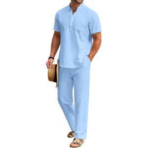 imageCOOFANDY Mens 2 Pieces Cotton Linen Set Casual Short Sleeve Henley Shirts Beach Yoga Pants Summer OutfitsBlue