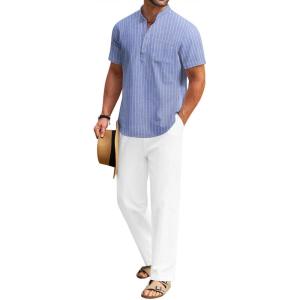 imageCOOFANDY Mens 2 Pieces Cotton Linen Set Casual Short Sleeve Henley Shirts Beach Yoga Pants Summer OutfitsBlue Striped