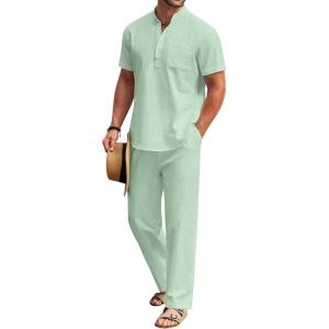 imageCOOFANDY Mens 2 Pieces Cotton Linen Set Casual Short Sleeve Henley Shirts Beach Yoga Pants Summer OutfitsGreen