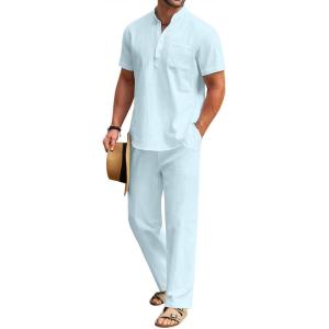 imageCOOFANDY Mens 2 Pieces Cotton Linen Set Casual Short Sleeve Henley Shirts Beach Yoga Pants Summer OutfitsLight Blue