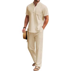 imageCOOFANDY Mens 2 Pieces Cotton Linen Set Casual Short Sleeve Henley Shirts Beach Yoga Pants Summer OutfitsLight Khaki