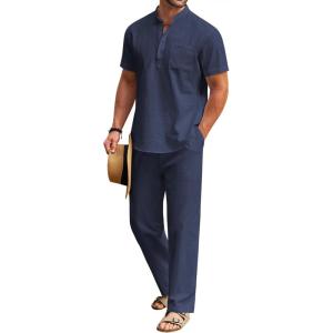 imageCOOFANDY Mens 2 Pieces Cotton Linen Set Casual Short Sleeve Henley Shirts Beach Yoga Pants Summer OutfitsNavy Blue