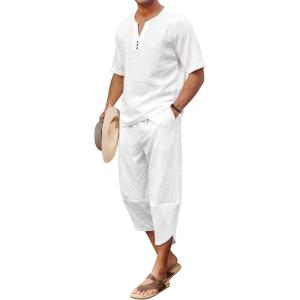 imageCOOFANDY Mens 2 Pieces Linen Set Henley Shirt Short Sleeve and Harem Capri Pants Wide Leg Baggy Beach Yoga Trousers Outfits01white