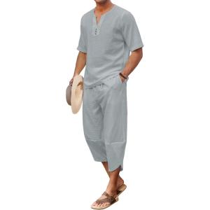 imageCOOFANDY Mens 2 Pieces Linen Set Henley Shirt Short Sleeve and Harem Capri Pants Wide Leg Baggy Beach Yoga Trousers OutfitsGrey