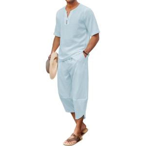 imageCOOFANDY Mens 2 Pieces Linen Set Henley Shirt Short Sleeve and Harem Capri Pants Wide Leg Baggy Beach Yoga Trousers OutfitsLight Blue