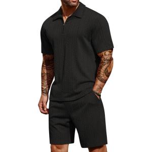 imageCOOFANDY Mens 2 Pieces Outfits Casual Quarter Zip Polo Shirt and Shorts Set Athletic Jogging Summer Tracksuit1black
