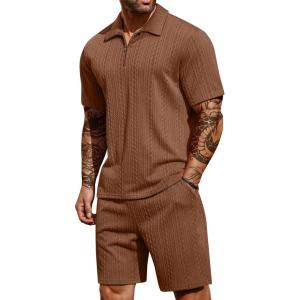 imageCOOFANDY Mens 2 Pieces Outfits Casual Quarter Zip Polo Shirt and Shorts Set Athletic Jogging Summer TracksuitBrown