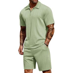 imageCOOFANDY Mens 2 Pieces Outfits Casual Quarter Zip Polo Shirt and Shorts Set Athletic Jogging Summer TracksuitLight Green