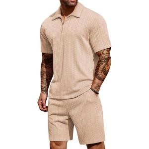 imageCOOFANDY Mens 2 Pieces Outfits Casual Quarter Zip Polo Shirt and Shorts Set Athletic Jogging Summer TracksuitLight Khaki