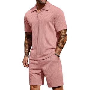 imageCOOFANDY Mens 2 Pieces Outfits Casual Quarter Zip Polo Shirt and Shorts Set Athletic Jogging Summer TracksuitPink