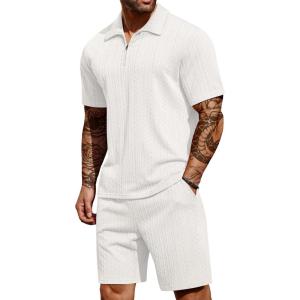 imageCOOFANDY Mens 2 Pieces Outfits Casual Quarter Zip Polo Shirt and Shorts Set Athletic Jogging Summer TracksuitWhite