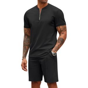 imageCOOFANDY Mens 2 Pieces Outfits Casual Quarter Zip Polo T Shirt and Shorts Set Athletic Jogging Summer Tracksuit01black
