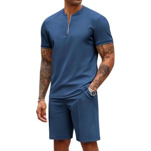 imageCOOFANDY Mens 2 Pieces Outfits Casual Quarter Zip Polo T Shirt and Shorts Set Athletic Jogging Summer TracksuitBlue