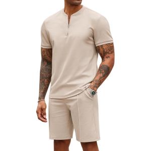 imageCOOFANDY Mens 2 Pieces Outfits Casual Quarter Zip Polo T Shirt and Shorts Set Athletic Jogging Summer TracksuitChampagne