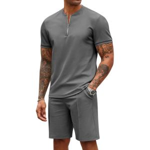 imageCOOFANDY Mens 2 Pieces Outfits Casual Quarter Zip Polo T Shirt and Shorts Set Athletic Jogging Summer TracksuitDark Grey