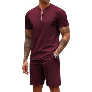 imageCOOFANDY Mens 2 Pieces Outfits Casual Quarter Zip Polo T Shirt and Shorts Set Athletic Jogging Summer TracksuitDate Red