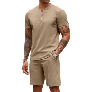 imageCOOFANDY Mens 2 Pieces Outfits Casual Quarter Zip Polo T Shirt and Shorts Set Athletic Jogging Summer TracksuitKhaki