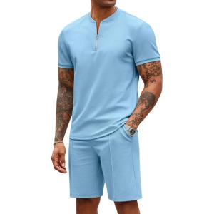 imageCOOFANDY Mens 2 Pieces Outfits Casual Quarter Zip Polo T Shirt and Shorts Set Athletic Jogging Summer TracksuitLight Blue