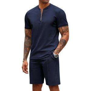 imageCOOFANDY Mens 2 Pieces Outfits Casual Quarter Zip Polo T Shirt and Shorts Set Athletic Jogging Summer TracksuitNavy Blue