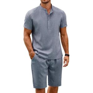 imageCOOFANDY Mens 2 Pieces Set Short Sleeve Henley Shirts and Shorts Pants Texture Summer Beach Vacation OutfitsFlecking Navy Blue