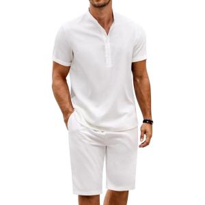 imageCOOFANDY Mens 2 Pieces Set Short Sleeve Henley Shirts and Shorts Pants Texture Summer Beach Vacation OutfitsWhite