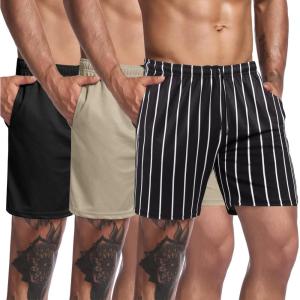 imageCOOFANDY Mens 3 Pack Workout Gym Shorts Mesh Athletic Shorts Lightweight Bodybuilding Training Short Pants with PocketsBlack  White StripeBlackKahki