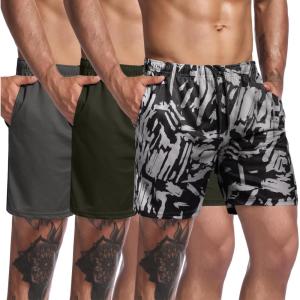 imageCOOFANDY Mens 3 Pack Workout Gym Shorts Mesh Athletic Shorts Lightweight Bodybuilding Training Short Pants with PocketsBlack Print  Army Green  Dark Grey