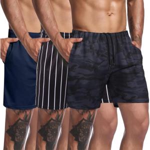 imageCOOFANDY Mens 3 Pack Workout Gym Shorts Mesh Athletic Shorts Lightweight Bodybuilding Training Short Pants with PocketsBlack Stripe  Navy Blue  Black