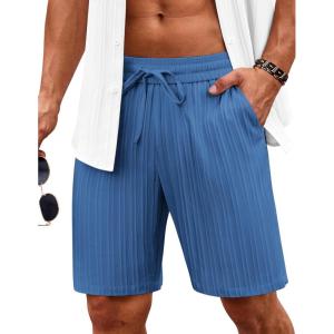imageCOOFANDY Mens Beach Shorts 9quot Elastic Waist Drawstring Casual Shorts Regular Fit Summer Textured ShortsBlue