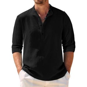 imageCOOFANDY Mens Casual Henley Shirt Band Collar Long Sleeve Shirt Beach Hippie Summer Button T ShirtBlack
