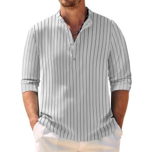 imageCOOFANDY Mens Casual Henley Shirt Band Collar Long Sleeve Shirt Beach Hippie Summer Button T ShirtBlack Stripes on White