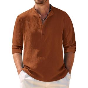 imageCOOFANDY Mens Casual Henley Shirt Band Collar Long Sleeve Shirt Beach Hippie Summer Button T ShirtBrown