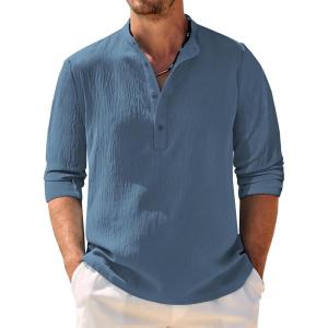 imageCOOFANDY Mens Casual Henley Shirt Band Collar Long Sleeve Shirt Beach Hippie Summer Button T ShirtDark Blue