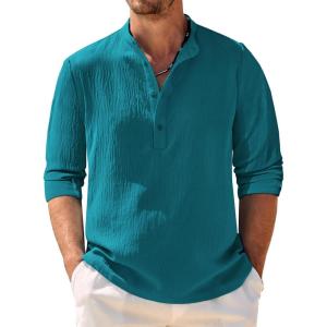 imageCOOFANDY Mens Casual Henley Shirt Band Collar Long Sleeve Shirt Beach Hippie Summer Button T ShirtDark Peacock Blue