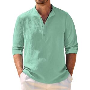 imageCOOFANDY Mens Casual Henley Shirt Band Collar Long Sleeve Shirt Beach Hippie Summer Button T ShirtIce Green