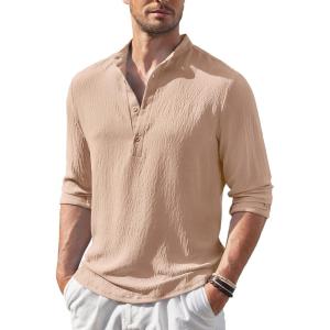 imageCOOFANDY Mens Casual Henley Shirt Band Collar Long Sleeve Shirt Beach Hippie Summer Button T ShirtKhaki