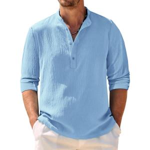 imageCOOFANDY Mens Casual Henley Shirt Band Collar Long Sleeve Shirt Beach Hippie Summer Button T ShirtLight Blue