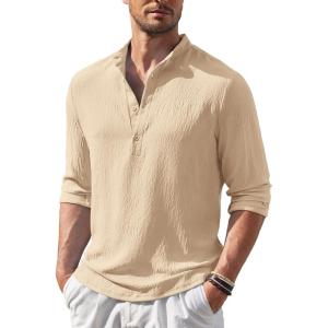 imageCOOFANDY Mens Casual Henley Shirt Band Collar Long Sleeve Shirt Beach Hippie Summer Button T ShirtLight Khaki