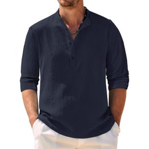 imageCOOFANDY Mens Casual Henley Shirt Band Collar Long Sleeve Shirt Beach Hippie Summer Button T ShirtNavy Blue