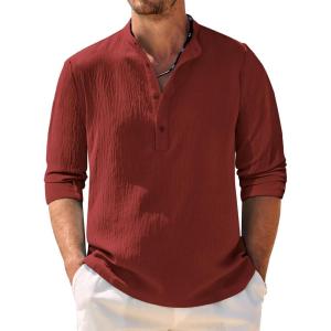 imageCOOFANDY Mens Casual Henley Shirt Band Collar Long Sleeve Shirt Beach Hippie Summer Button T ShirtWine Red