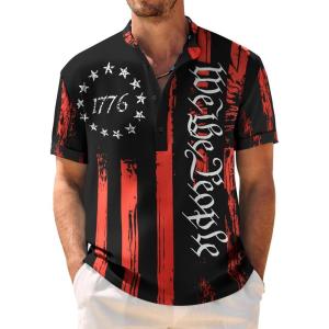 imageCOOFANDY Mens Casual Henley Shirt Band Collar Short Sleeve Shirt Summer Beach Hippie TShirt1776 Pentagram  Black White Red
